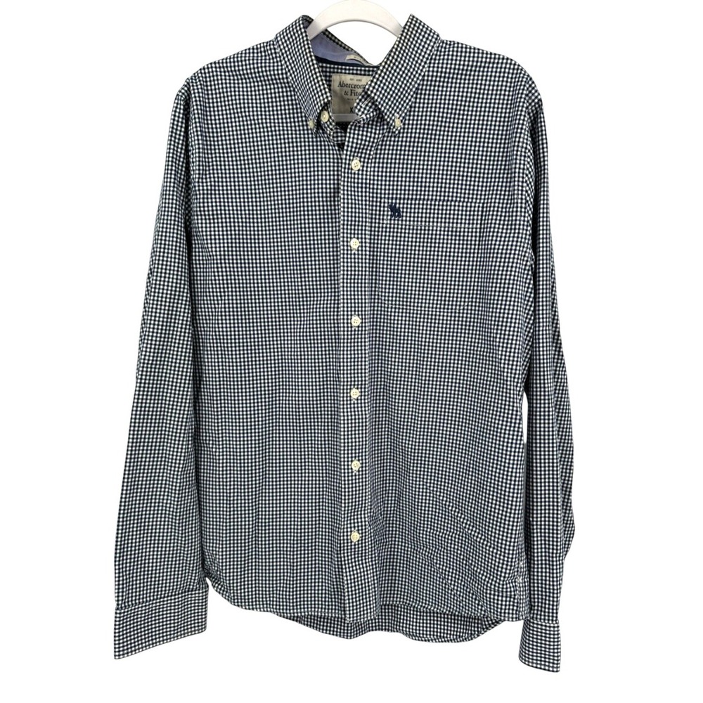 ABERCROMBIE & FITCH Muscle Button-Up Shirt NAVY BLUE WHITE GINGHAM CHECK sz M